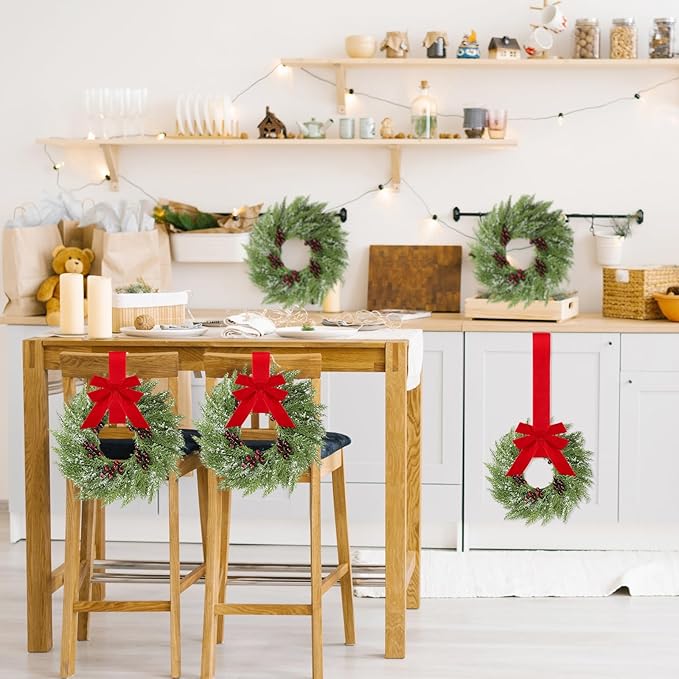 12 Pcs Small Christmas Norfolk Wreaths 15 Inch Christmas Kitchen Cabinet Mini Wreath Real Touch with Bow Ribbon Cedar Red Berry for Xmas Front Door Window Chair Fireplace Table Pillar Farmhouse Decor