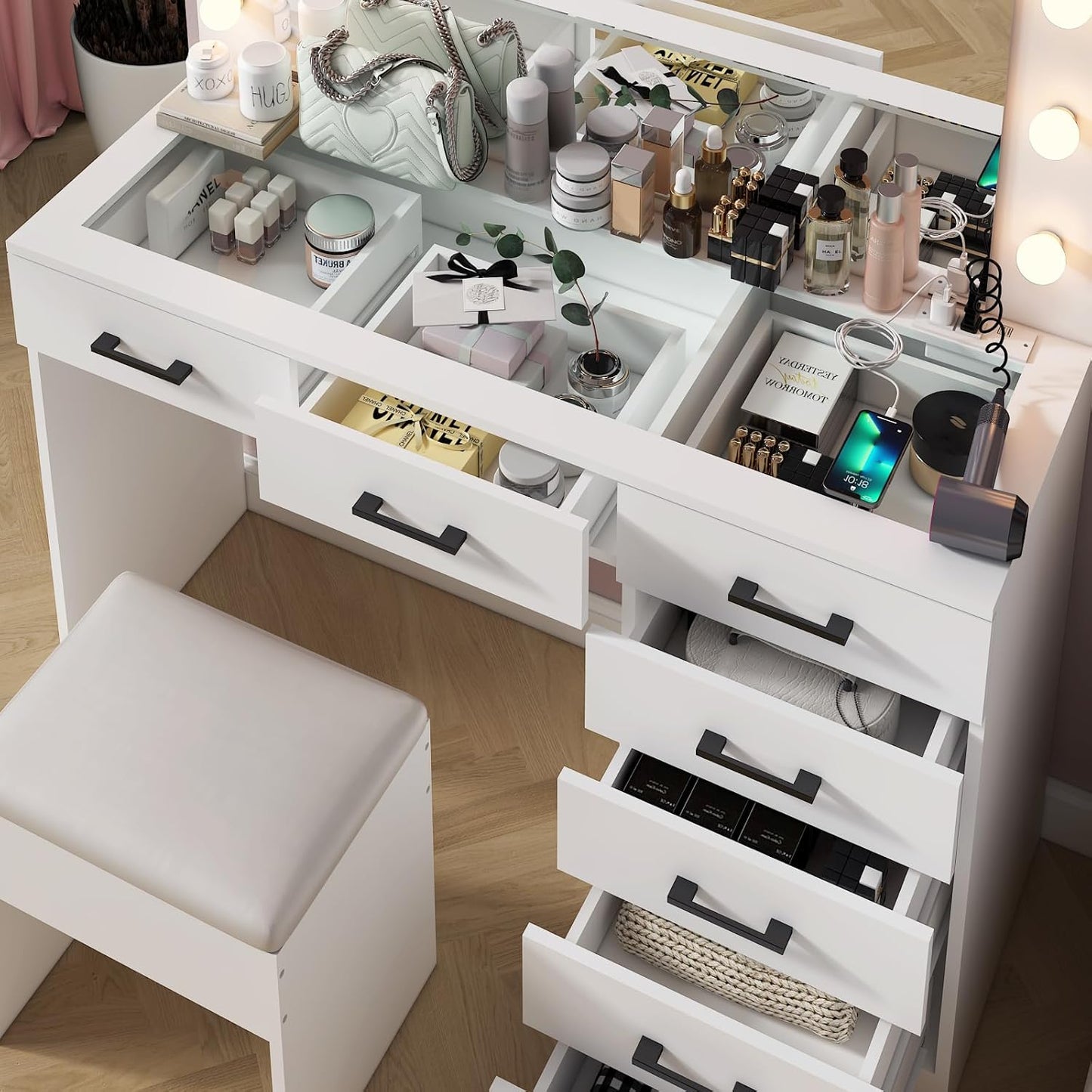 Karl home Vanity Desk with Large Lighted Mirror & Powre Outlet, Glass Tabletop Makeup Vanity Set with 7 Drawers, 45.3" Vanity Table with 3 Color Lighting Modes, Dressing Table for Women Girls, White