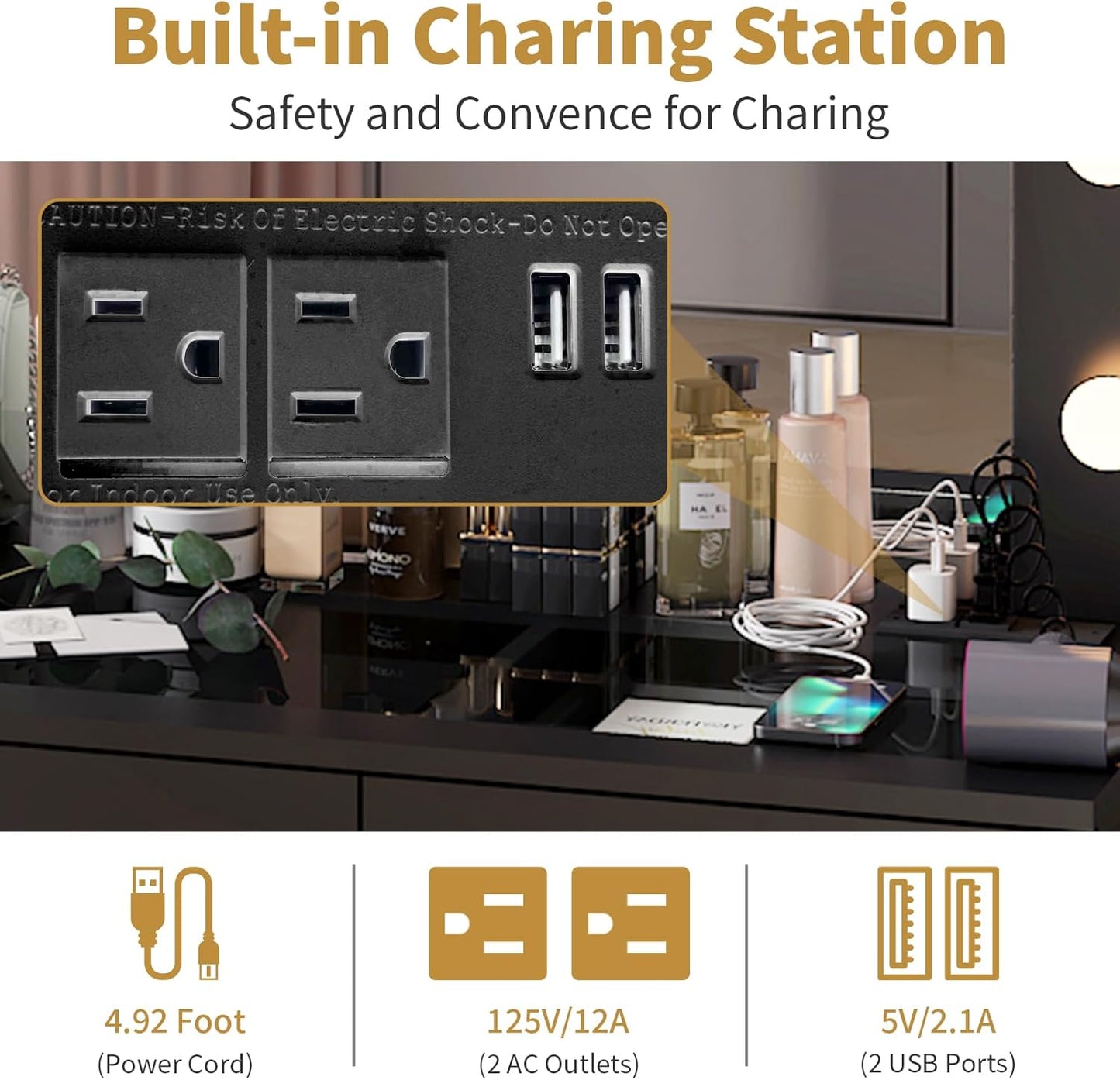 Karl home Vanity Desk with Large Lighted Mirror & Powre Outlet, Glass Tabletop Makeup Vanity Set with 7 Drawers, 45.3" Vanity Table with 3 Color Lighting Modes, Dressing Table for Women Girls, Black