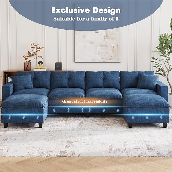 137",U Shaped Couch,Modern Modular Sectional Sofa, 4-Seater Comfy Cloud Couch with Two Movable Ottoman & Throw Pillows for Living Room, Bedroom and Apartment, Dark Blue