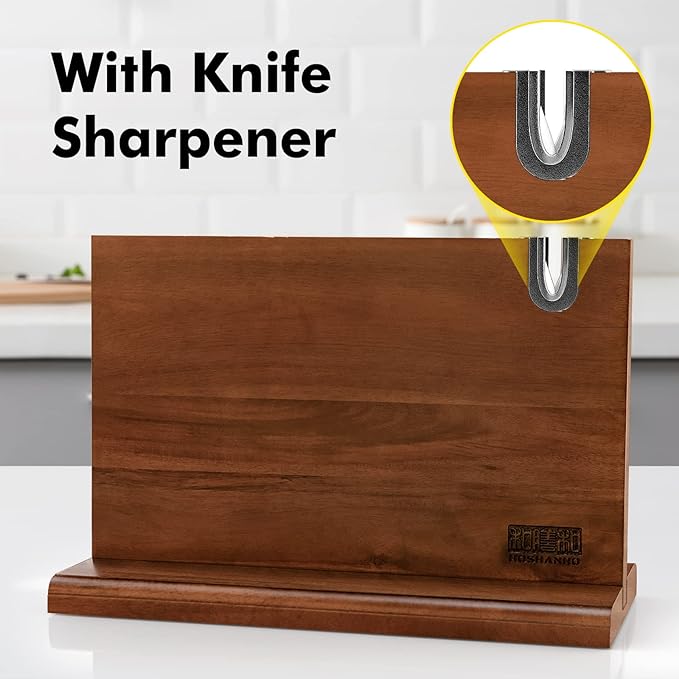 Magnetic Knife Block 14 x 10 Inches, Double Sided Magnetic Knife Holder Rack for Kitchen Counter, Acacia Wood Magnetic Knife Storage Stand with Knife Sharpener