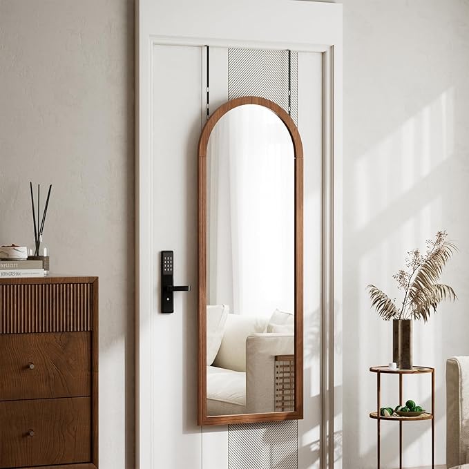 18"x48" Full Length Over The Door Mirror with Wood Frame Shatterproof Tempered Glass, Space-Saving Design, Adjustable Height Hooks