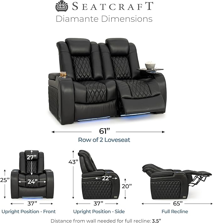 Seatcraft Diamante Zero-Gravity CoolZero Italian Leather Home Theater Seating, Power Headrest, Power Recline, Row of 2 Loveseat, Black