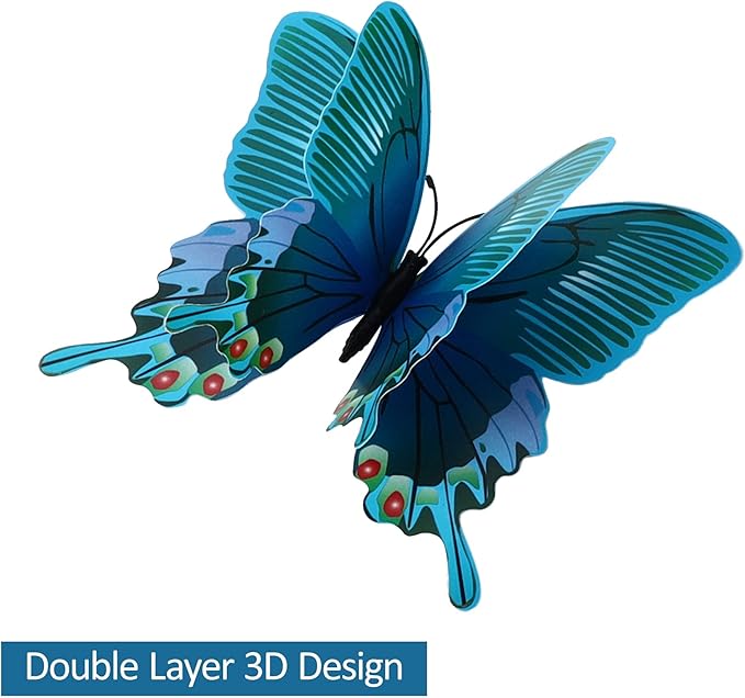 24PCS Butterfly Wall Decals Removable 3D Butterflies Decor for Wall Sticker Mural Stickers Home Decoration Kids Room Bedroom Decor (Double Layer-Blue/24PCS)