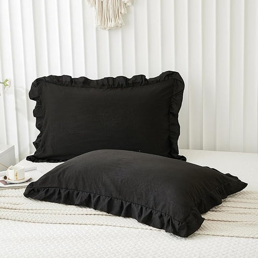 Merryword Black Pillow Shams Standard Pillowcases 20x26inch Black Ruffle Cute Pillow Cover Set of 2 Shabby Chic Soft Microfiber Pillowcases
