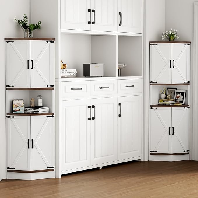 64.8" Farmhouse Corner Cabinet, Dining Room Tall Corner Cabinet with 4 Barn Doors and 5 Storage Shelves, Bar Storage Cabinets for Kitchen, Living Rooms, Laundry Room White