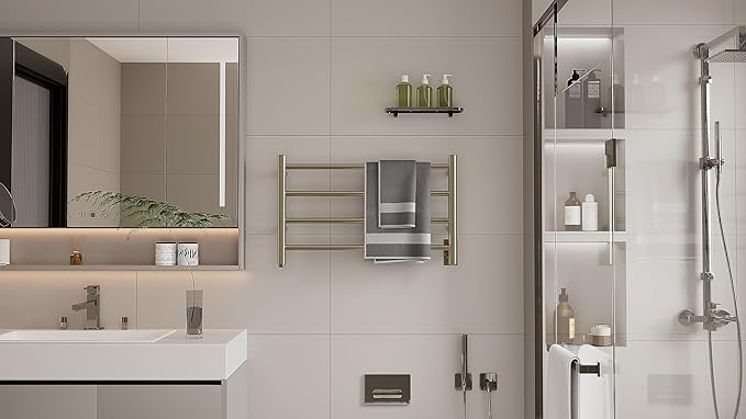 HEATGENE Towel Warmer 4 Bar Towel Dryer Wall-Mounted Plug-in Bath Towel Heater - Brushed Brass