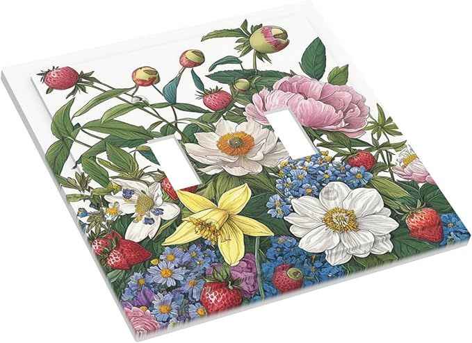Spring Watercolor Flower Plant Strawberry Peony Floral Decorative Switch Plates 2 Gang Double Toggle Wall Plate Electrical Faceplate Outlet Light Switch Cover for Bedroom living Room Decor