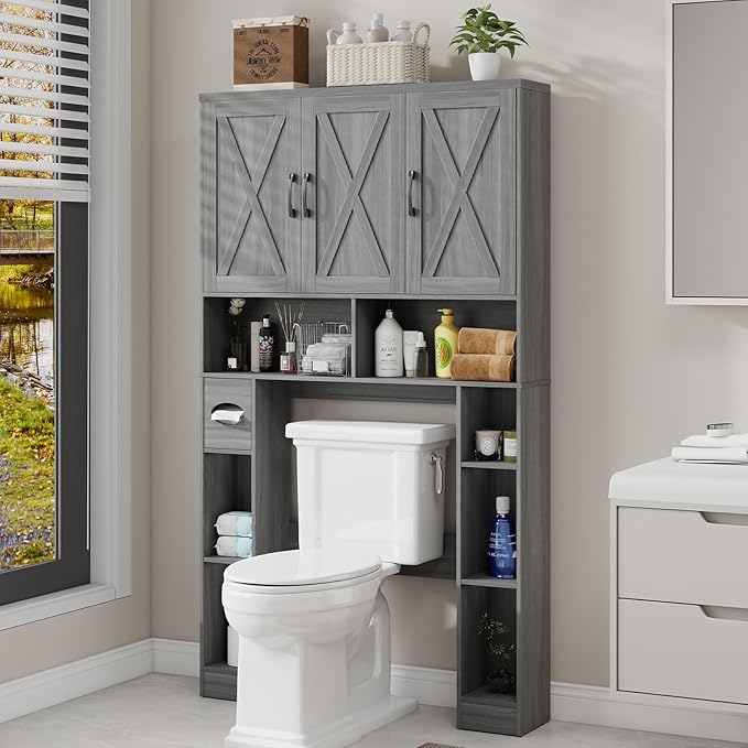 Over The Toilet Storage Cabinet, Farmhouse Toilet Cabinet Rack with 3 Barn Doors, Space Saving Bathroom Organizer with Shelves, Toilet Paper Holder and Towel Rack for Bathroom,Restroom,Laundry