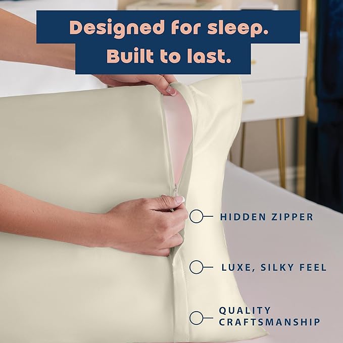 Satin Pillowcase with Zipper, for Hair and Skin Care, Feels Soft and Cool Like a Silk Pillowcase, Satin Pillow Cases 2 Pack, Slik Pillow Cover, Ivory - King Size, Set of 2