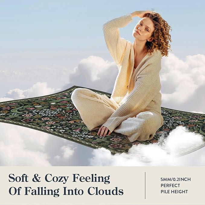 Lahome Floral 8x10 Green Living Room Rugs, Large Washable Area Rug for Bedroom Rubber Backed, Botanical Thin Stain-Resistant Carpet for Dining Room Under Table, Kids Room, Nursery