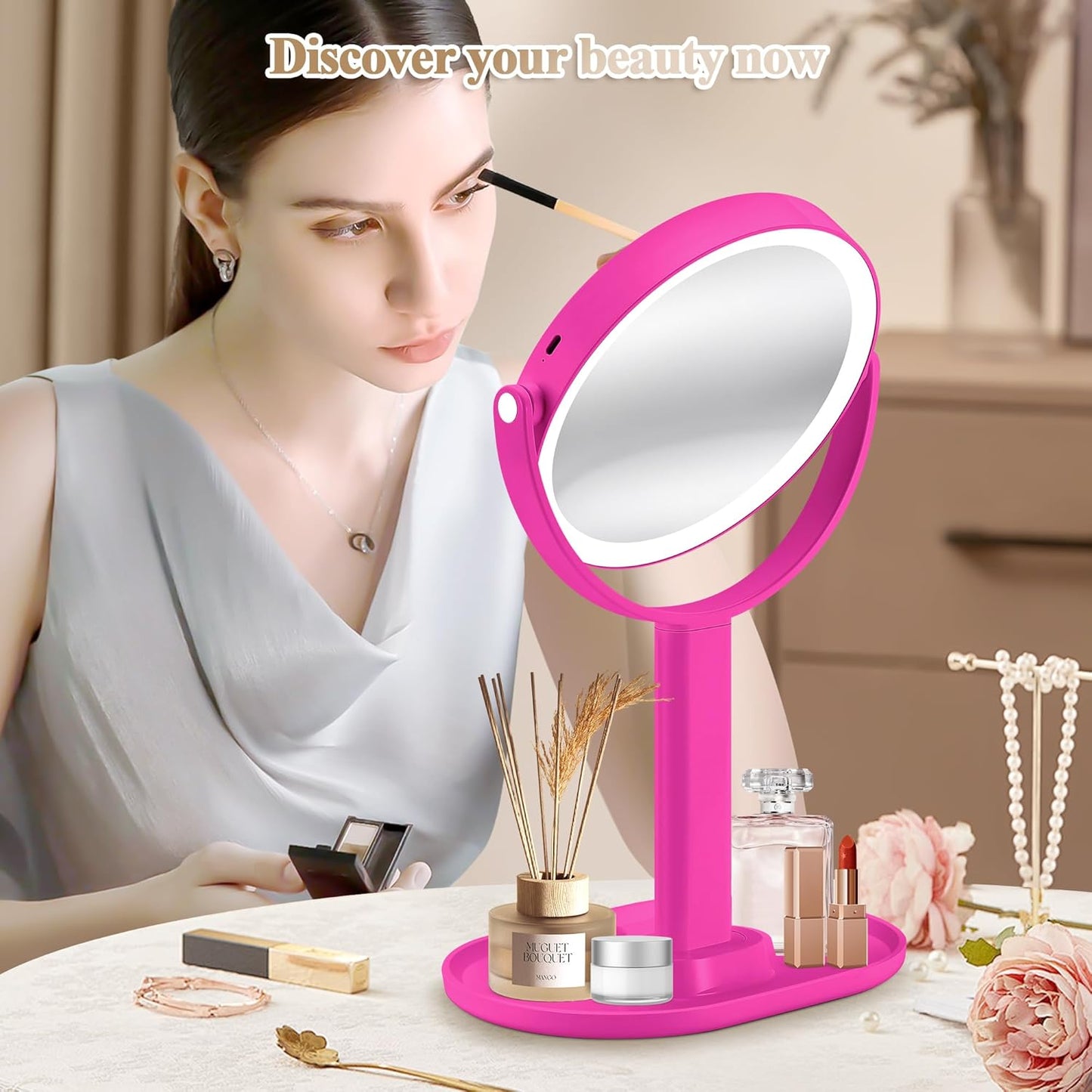 Makeup Mirror with Lights, Double Sided 1x/20x Magnifying Mirror with Light, Rechargeable 3 Color Lights and Adjustable Brightness, 360° Rotation Detachable Comes with Tweezer(Hotpink)