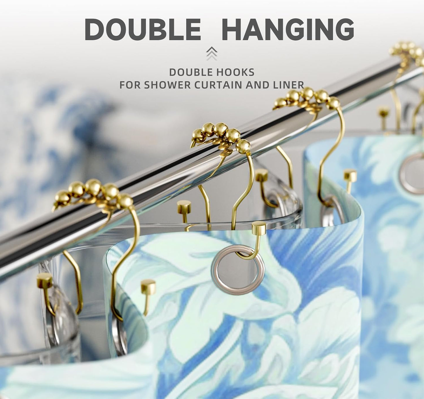 Shower Curtain Hooks, Shower Curtain Rings Rust Proof Double Hook Shower Curtain Hooks with Clindrical Design, 12 Pcs Light Gold Shower Hooks for Shower Curtain, Metal Shower Rod Hooks