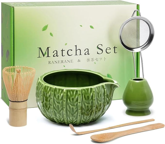 Matcha Whisk Set,Matcha Bowl with Spout,Matcha Whisk （Chasen) and Holder,Matcha Sifter and Bamboo Matcha Spoon,Scoop Matcha Making Kit 6Pcs Light Green