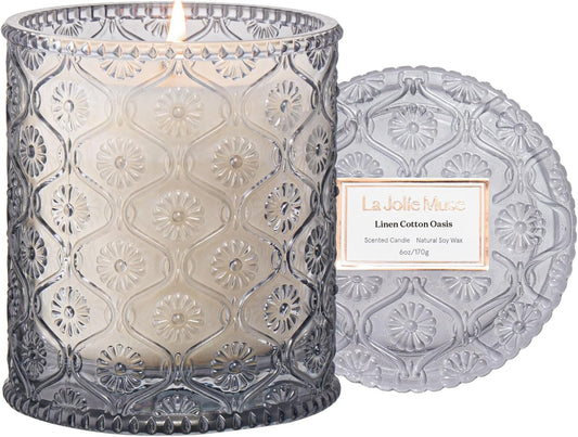 LA JOLIE MUSE Linen Cotton Oasis Scented Candle - Cotton, Jasmine & Warm Musk | 6 oz Natural Soy Wax | 40 Hours Clean Burn | Gift-Ready for Hosts, Gatherings | Elegant Home Décor