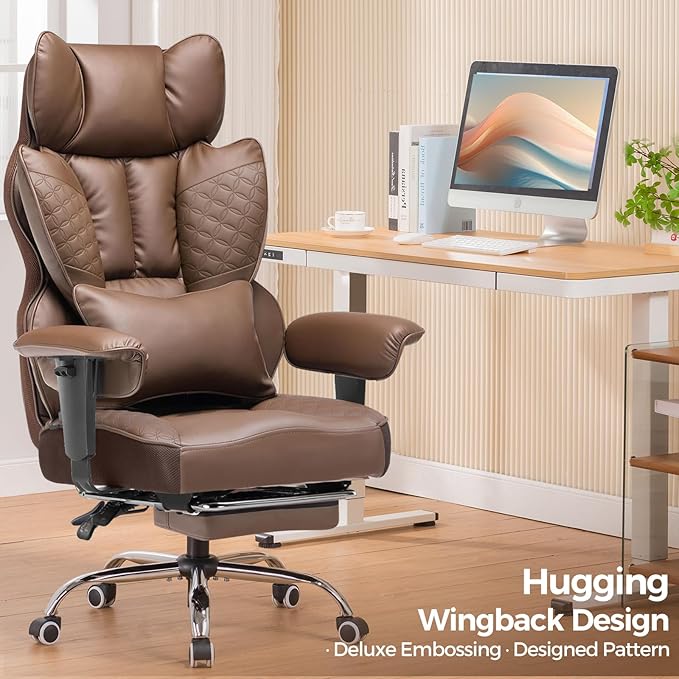 COMHOMA Big and Tall Office Chair 400LBS Wide Ergonomic Gaming Chair with Deluxe Embossing Designed Leather with Foot Rest,150°Reclining Adjustable Armrests Pocket Spring Back Support and Pillow