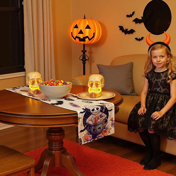 Halloween Table Runner with Mummies,Pumpkins & Candy,Table Decoration for Dining Party and Home Decor,48x13 inches