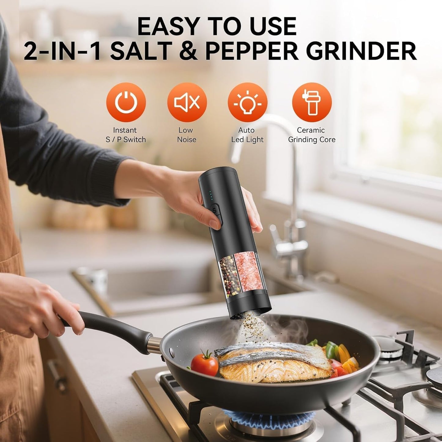 HeatBay Electric Salt and Pepper Grinder Set 2 in 1, USB Rechargeable, Automatic Salt and Pepper Mill Shakers with LED Light, Battery Display, Adjustable Coarseness, Ideal for Kitchen Outdoor BBQ Gift