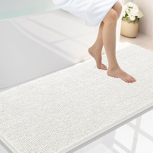 Smiry Luxury Chenille Bathroom Rugs 59x24, Extra Soft and Absorbent Shaggy Bath Mat, Machine Washable, Non-Slip Plush Carpet Runner for Tub, Shower, and Floor, Home Decor Accessories, Ivory