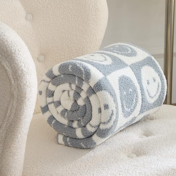 YIRUIO with Smiley Faces Checkerboard Throw Blankets Checkered Reversible Microfiber Super Soft Warm Cozy Fluffy Shaggy Blanket for Home Office Couch Bed Sofa Decor (Slate Gray)