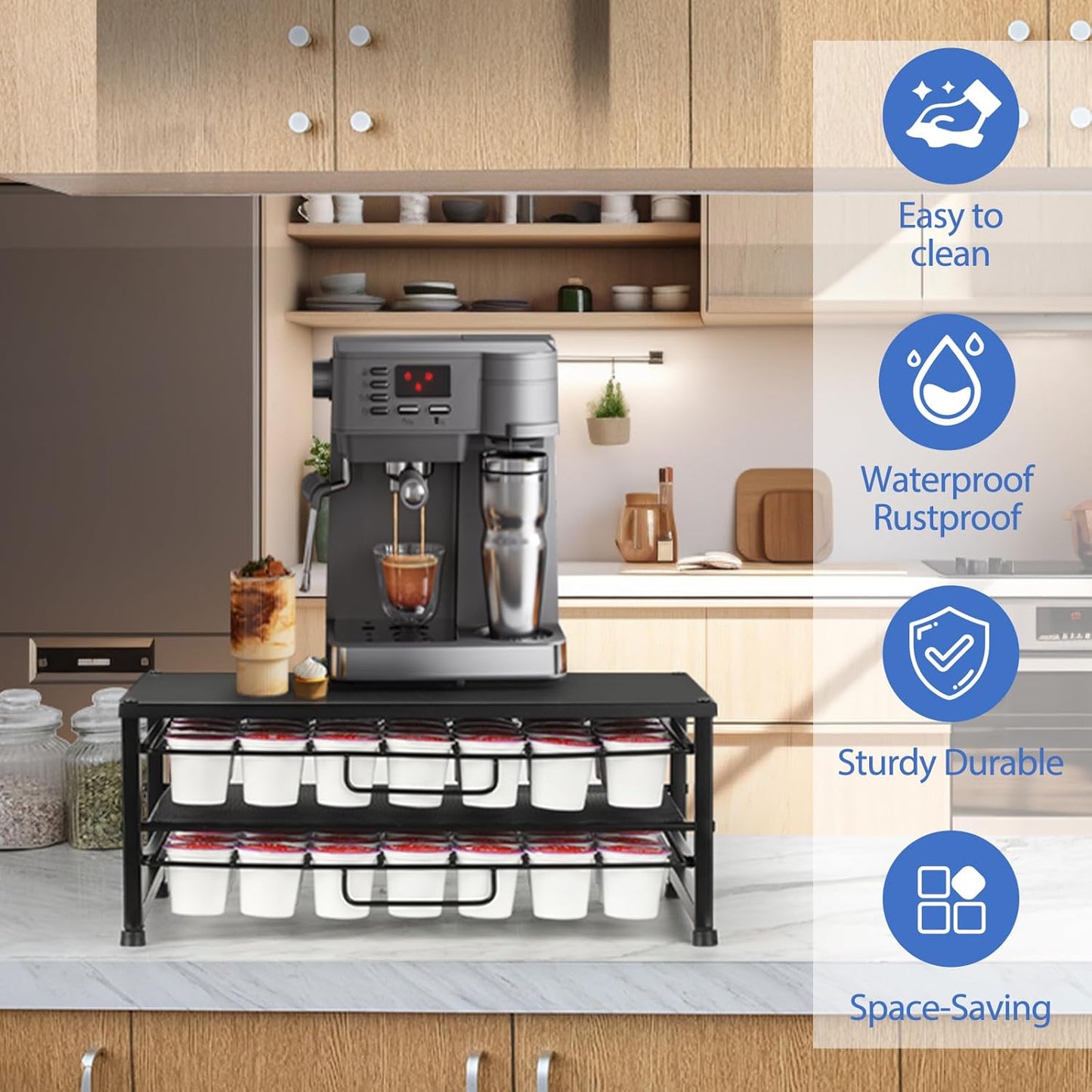 K Cup Holder Organizer for 70 Pods, 2-Tier Coffee Pod Holder for K-Cup with 2 Sliding Storage Drawers, Coffee Station Bar Organizer for Kitchen Countertop, Home & Office, Frosted Black