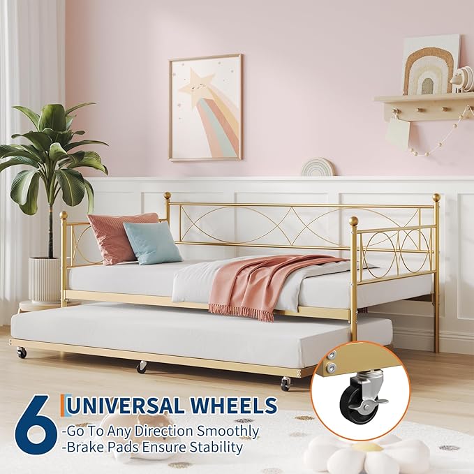 IDEALHOUSE Twin daybed with Trundle, Metal Twin Daybed and Trundle Set, Day Bed Sofa Bed Frame with Steel Slat Support, Multifunctional Daybed Frame for Bedroom (Gold Sets)