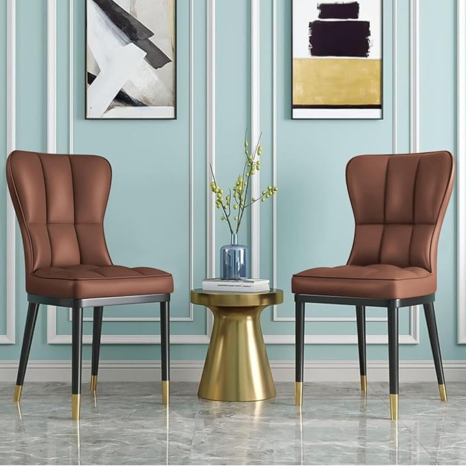 High-Back Faux Leather Dining Chairs Set of 2, Modern Sturdy Upholstered Accent Side Chair Deep Sponge Padded Seat with Metal Legs for Kitchen Dining Living Room Bedroom (Brown)