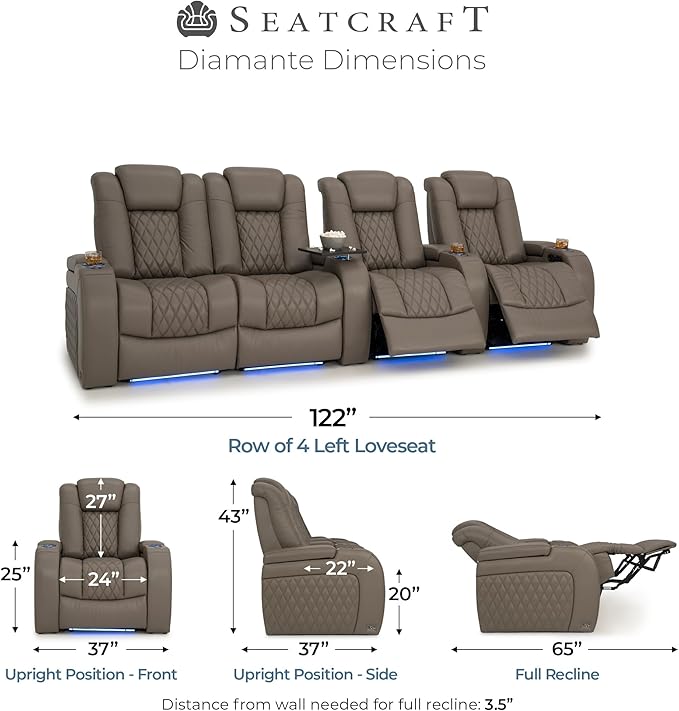 Seatcraft Diamante Zero-Gravity CoolZero Italian Leather Home Theater Seating, Power Headrest, Power Recline, Row of 4 Left Loveseat, Gray