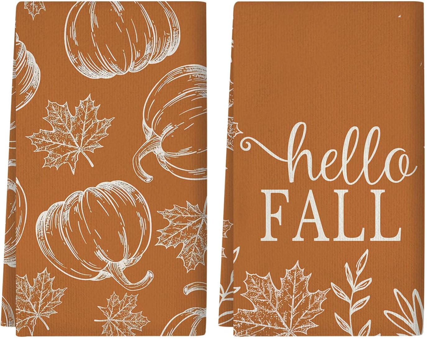 Fall Kitchen Towels Set of 2 Pumpkin Maple Leaves Hello Fall Autumn Kitchen Towels Farmhouse Home Thanksgiving Harvest Vintage Decorations, 18x26 Inch