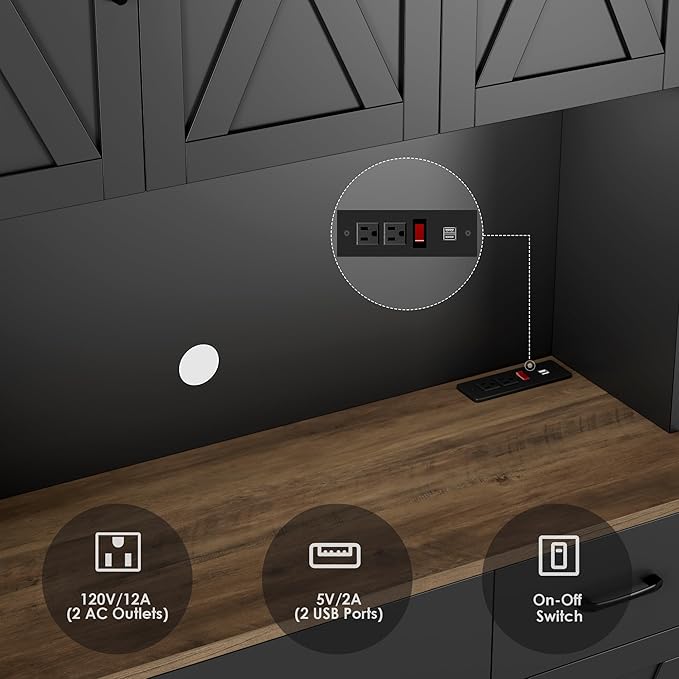 HOSTACK 71" Pantry Cabinet with Charging Station, Tall Kitchen Pantry Storage Cabinet with Microwave Stand, Farmhouse Kitchen Hutch with Storage Drawers for Living Room, Dining Room, Black