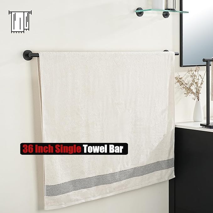 JQK Bath Towel Bar Black, 39 Inch 304 Stainless Steel Thicken 1mm Single Towel Rack for Bathroom, Towel Holder Wall Mount, Useable Length 36 Inch, TB110L36-PB