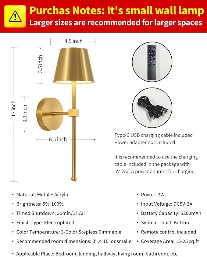 KDG Wireless Wall Sconces Set of 2, Small Cordless 5200mAh Rechargeable Battery LED Wall Lamps, Stepless Dimming Lightings for Wall Painting, Living Room, Bedroom, Hallway, Gifts, Night Light (Gold)