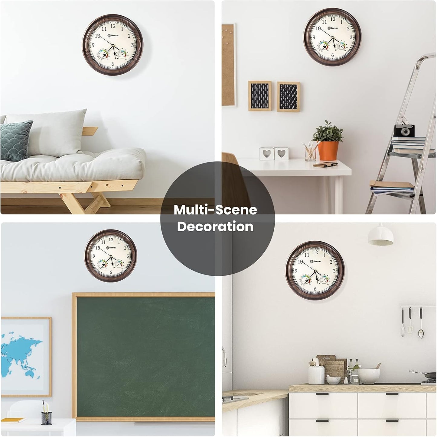 Geevon 14 Inch Retro Wall Clocks Battery Operated with Hygrometer and Thermometer Combo, Silent Wall Clock Non-Ticking Quartz Decorative for Kitchen Living Room School Bedroom