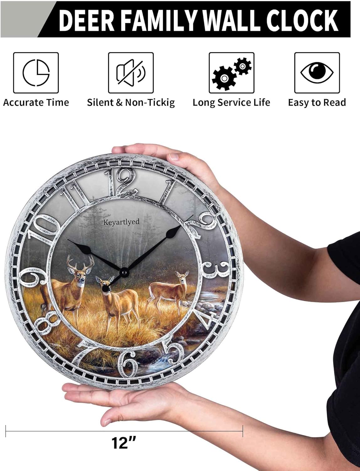 Great Looking Deer Clock Wildlife Wall Clock Silent Non Ticking Battery Operated 12 Inch Quality Plastic Round Wall Clocks for Home Kitchen Living Room Bedroom Office Decor (Antique Silver)