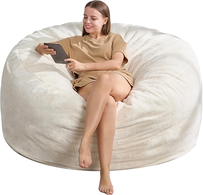 Hobestluk 5ft Bean Bag Chairs for Adults Large Beanbag Chair with Plush Faux Fur Cover Big Bean Bag Chair for Living Room Bedroom Dorm Office - White (50” x 50” x 24")