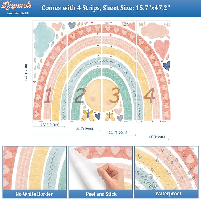 Large Watercolor Rainbow Wall Decals, Boho Sun Clouds Peel and Stick Fabric Nursery Wall Decor, Home Room Wall Decor Murals Stickers for Kids Girls Toddler Bedroom Living Room Playroom