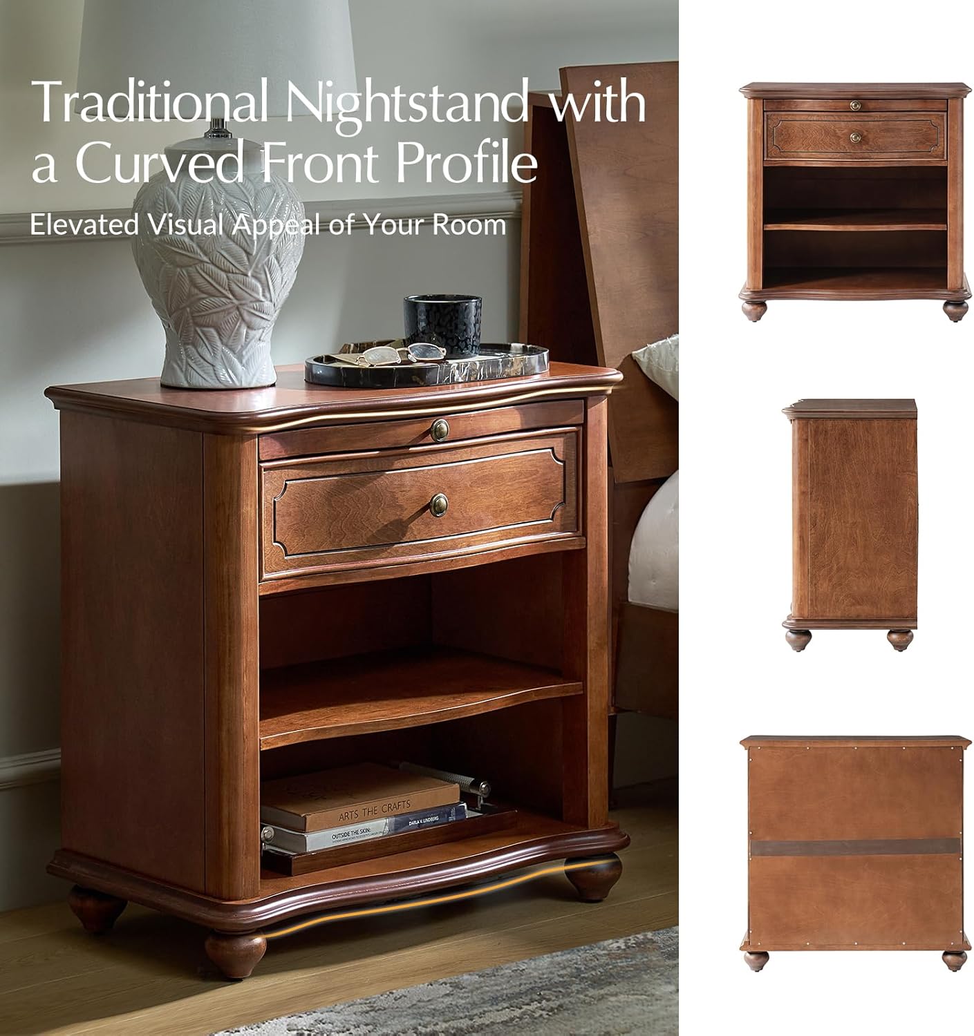 HULALA HOME Wooden Nightstand with Pull-Out Shelf, Mid Century Modern Nightstand with Solid Wood Drawers and Legs, Adjustable Storage, Brown