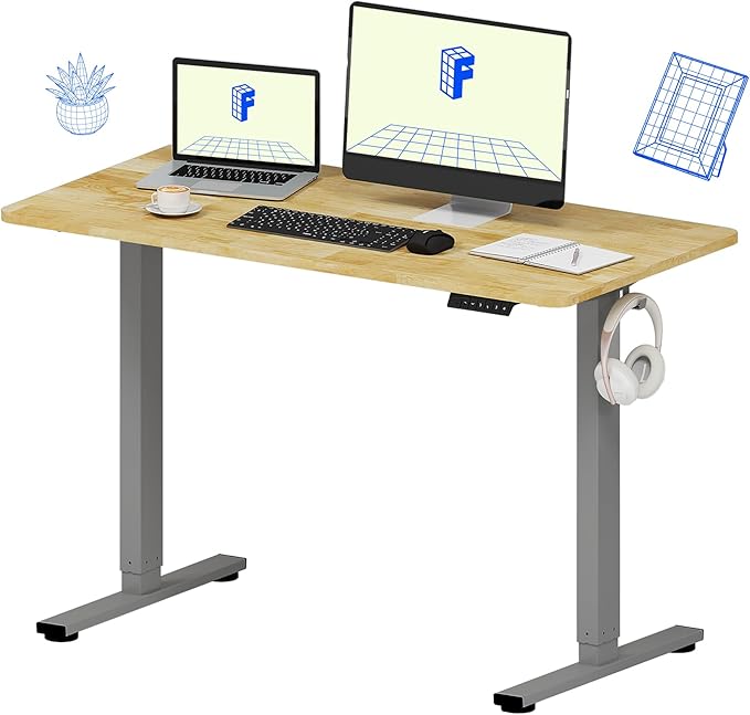 FLEXISPOT EN1 One-Piece Solid Wooden Standing Desk 48 x 24 Inches Height Adjustable Electric Sit Stand Home Office Desks (Silver Frame + Rubber Wood Top, 2 Packages)