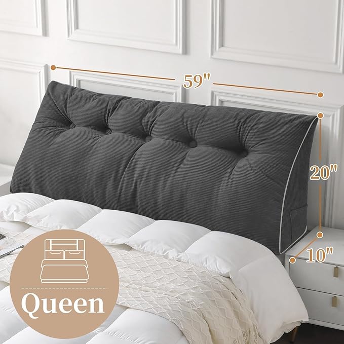 Sasttie Headboard Pillow Queen, Triangular Wedge Pillow Headboard, Wedge Headboard Pillow for Bed Sofa, Daybed Pillows for Sitting up, Reading or Working with Removable Cover, Dark Grey