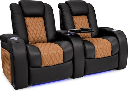 Seatcraft Diamante - Home Theater Seating - Living Room - Power Recline - Italian Leather - Powered Headrests - Cupholders - USB Charging - Ambient Lighting - Arm Storage, Black/Tan Oak, Row of 2