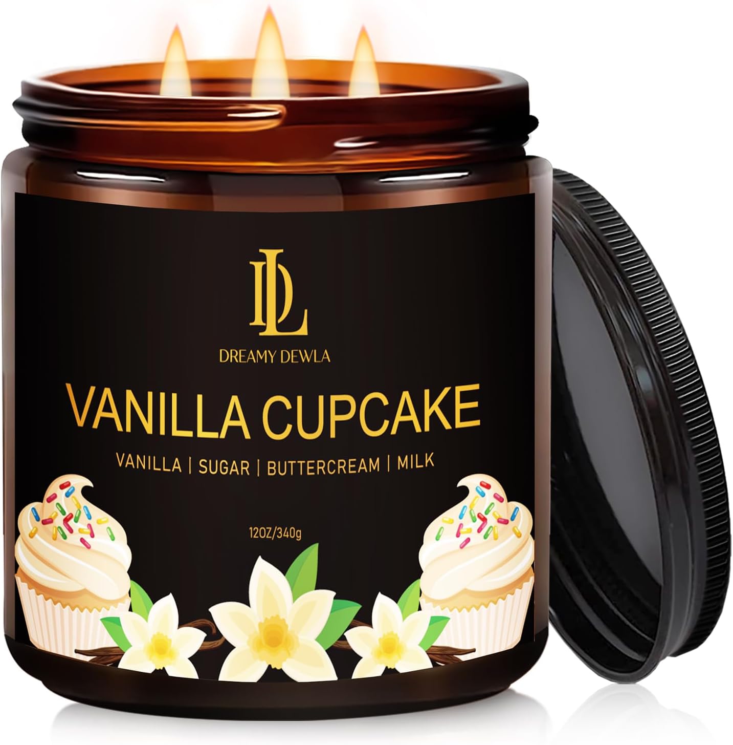 Vanilla Cupcake Scented Candle, 12oz 60 Hour Long Lasting Candles, Large 3 Wick Natural Soy Candles for Home Scented, Candle Gifts for Women Men