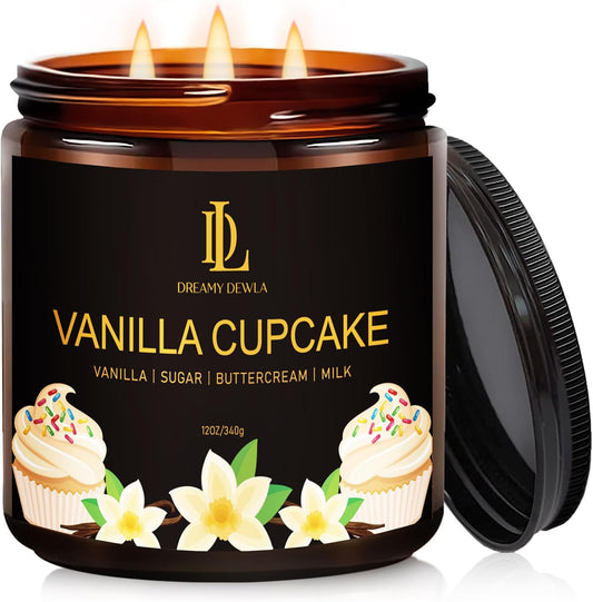 Vanilla Cupcake Scented Candle, 12oz 60 Hour Long Lasting Candles, Large 3 Wick Natural Soy Candles for Home Scented, Candle Gifts for Women Men