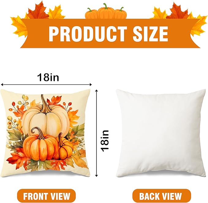 JioJio Chan Fall Pillow Covers 18x18 - Set of 4 Throw Pillow Covers for Sofa Couch, Autumn Thanksgiving Pumpkin Orange Decoration for Home Living Room Bedroom Decor Outdoor Indoor