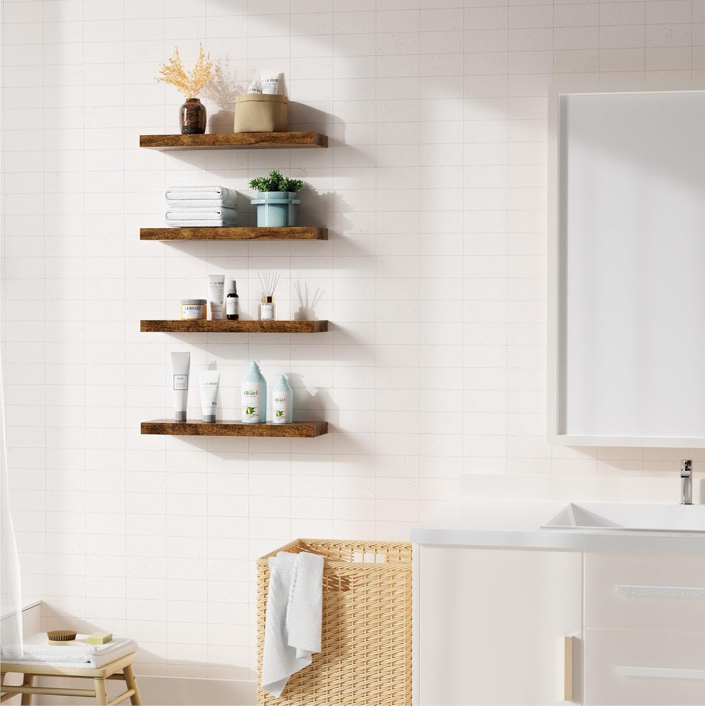 Bellsal Rustic Brown Wood Wall Shelf Set of 4, 16" Floating Shelves for Kitchen