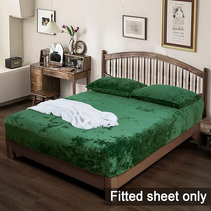 PHF Truly Velvet Fitted Sheet Only Queen Size, Luxury Super Soft Cozy Fuzzy Flannel Bottom Sheet, Deep Pocket Up to 16", Suitable for Fall Winter Spring, No Pillowcases, Emerald Green