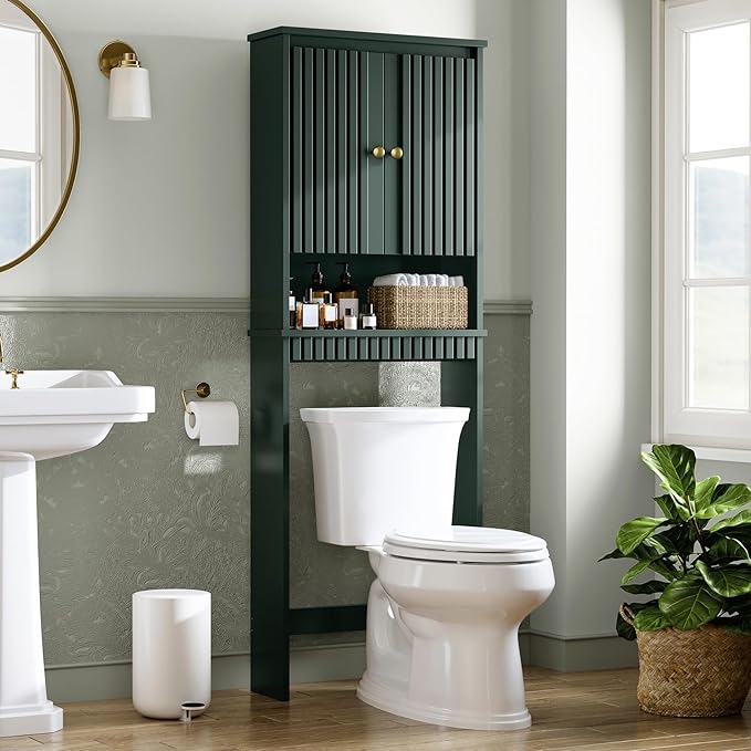 Over The Toilet Storage Cabinet, Above The Toilet Storage with Fluted Panel Doors and Soft Hinges, Over Toilet Bathroom Organizer Spacesaver Rack (Forest Green)