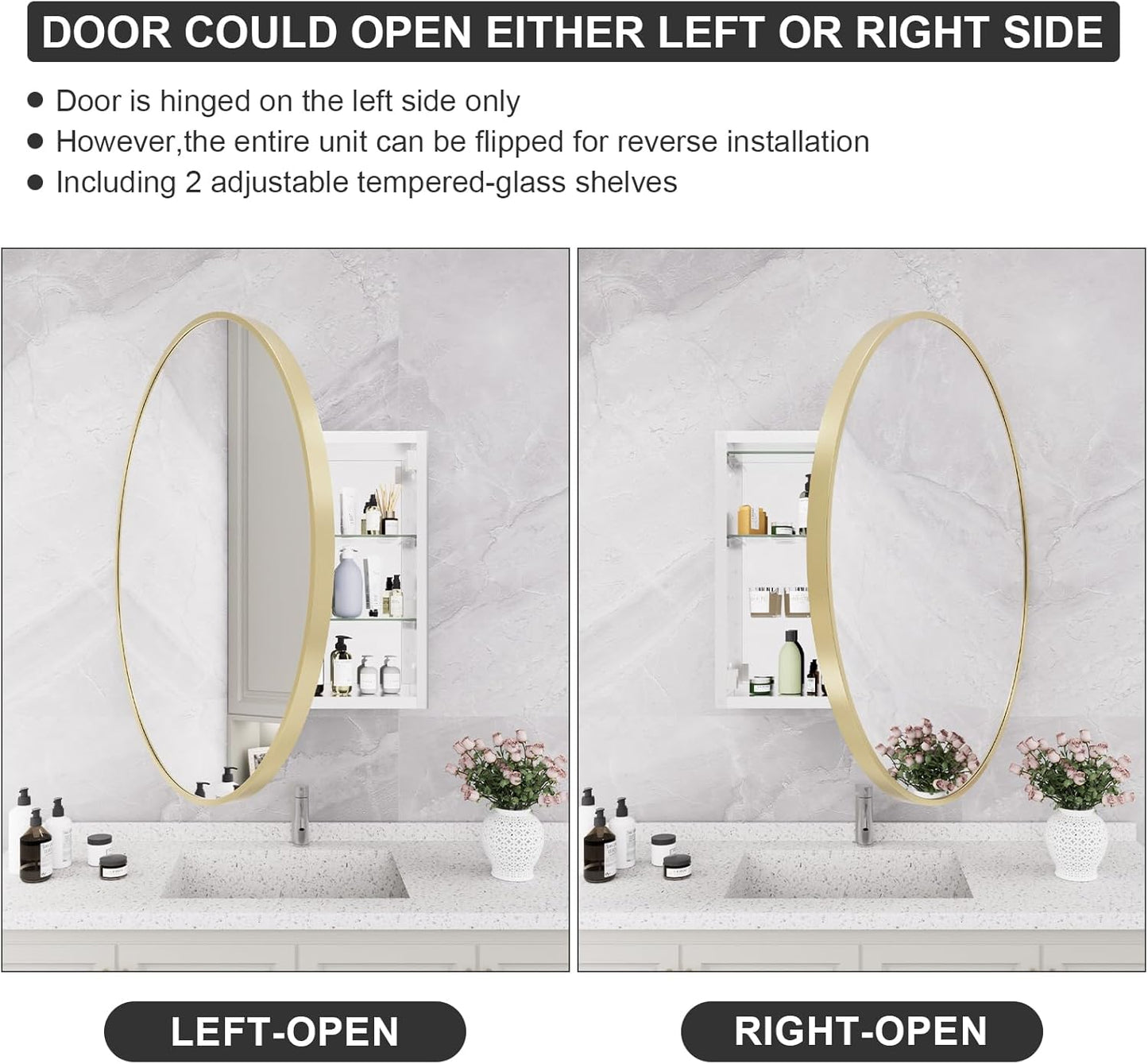 HOMECOOKIN Bathroom Gold Mirror Medicine Cabinet, 28 Inch Wall Mounted Aluminum Alloy Metal Framed with Storage