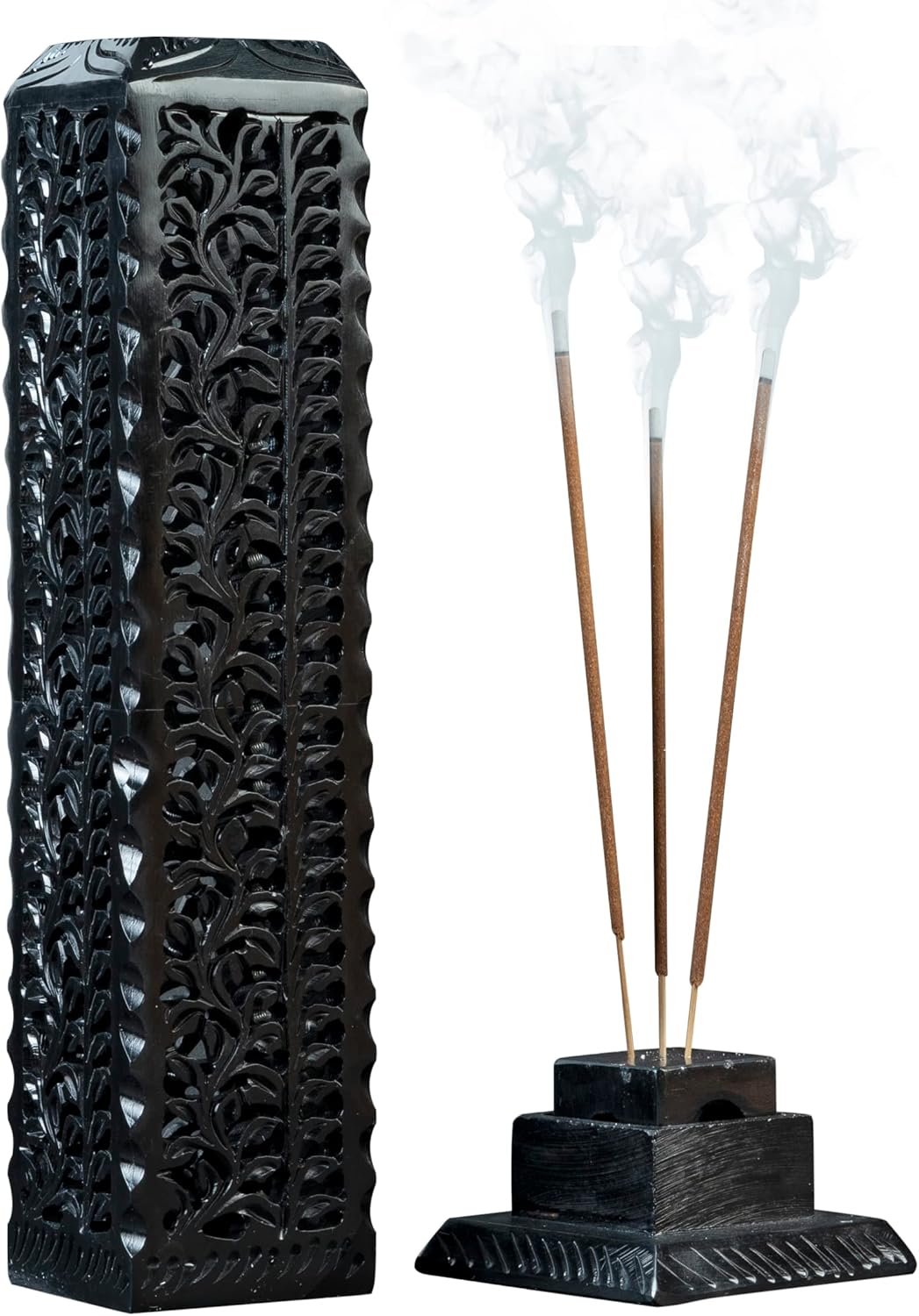 Crocon Handmade Black Marble Soapstone Incense Stick Burner Square Shape Leaf Design Tower Burner | Incense Cone & Candle Stick Holder | Decorative Home & Kitchen Best Gift Size LxWxH, 2.7x2.7x10 Inch