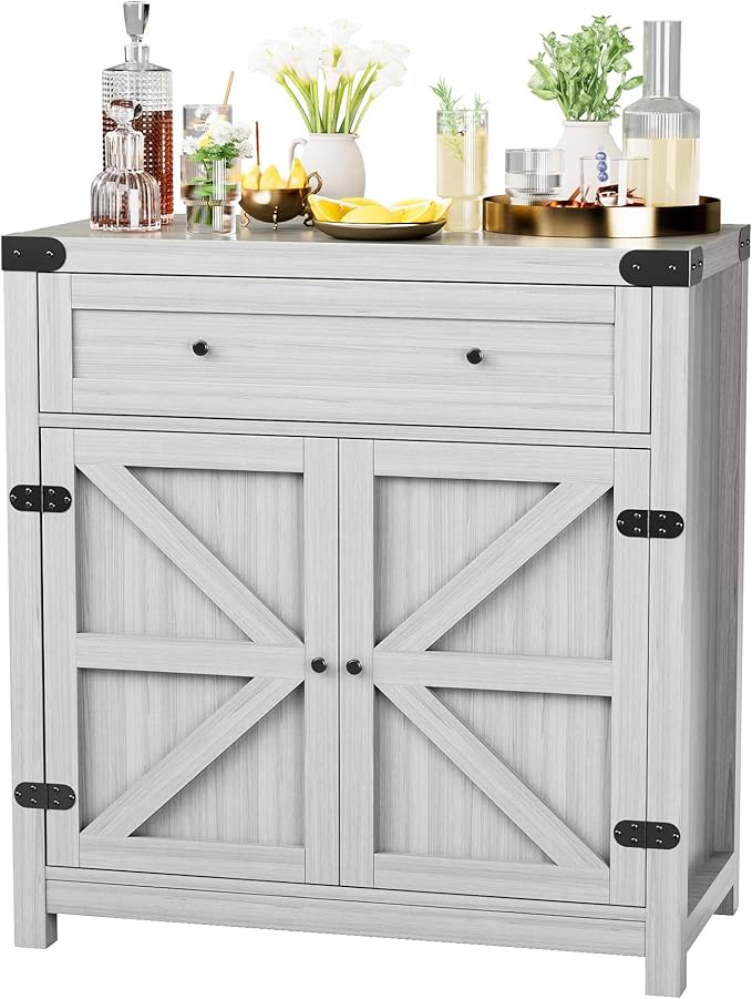 JUMMICO Coffee Bar Cabinet Farmhouse Kitchen Sideboard Buffet Cabinet with Drawer and Adjustable Shelf Barn Door Storage Cabinet for Kitchen, Dining Room, Bathroom, Entryway (Ash Grey)