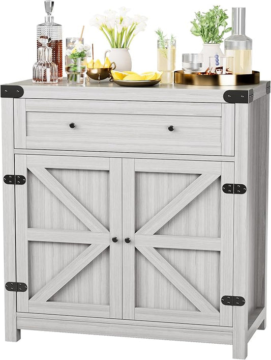 JUMMICO Coffee Bar Cabinet Farmhouse Kitchen Sideboard Buffet Cabinet with Drawer and Adjustable Shelf Barn Door Storage Cabinet for Kitchen, Dining Room, Bathroom, Entryway (Ash Grey)